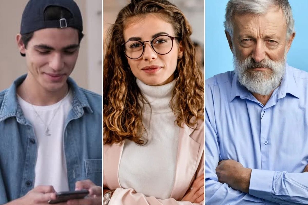 Un collage con: un joven de la generación Z, una mujer Millennial y un Hombre Baby Boomer.