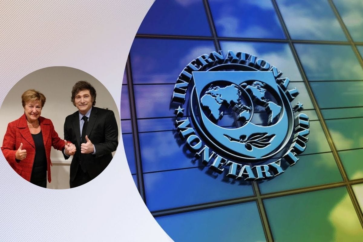 Imagen dividida en 2, en la parte derecha el logo del FMI y en la izquierda una foto de Milei juto a la titular del FMI