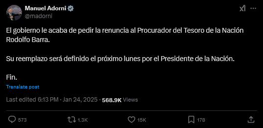 Mensaje de Manuel Adorni en X acerca de la renuncia de Rodolfo Barra