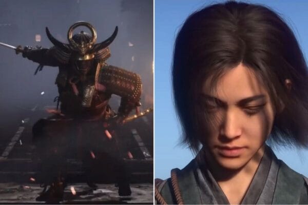 Un Samurai del juego Assassin´s Creed Shadows de un lado y la ninja protagonista del otro