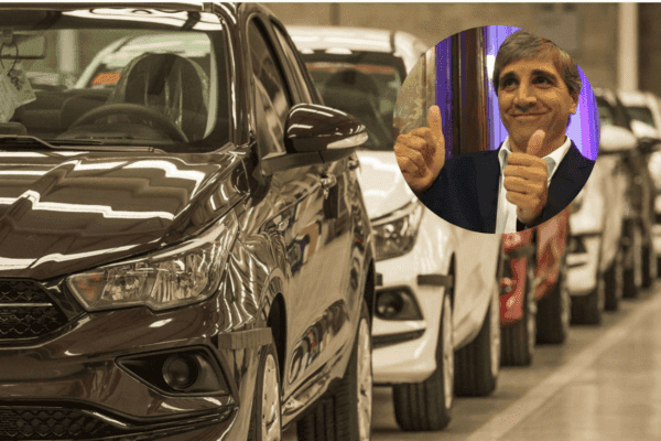 Imagen de un conjunto de autos 0KM que serían beneficiados por la quita de impuestos y en la esquina superior derecha al ministro de Economía argentino Luis Caputo