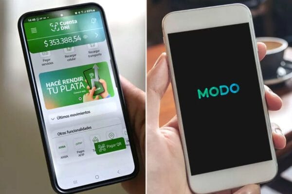 Collage de dos telefonos con diferentes billeteras virtuales, en una Cuenta DNI y en otra MODO.