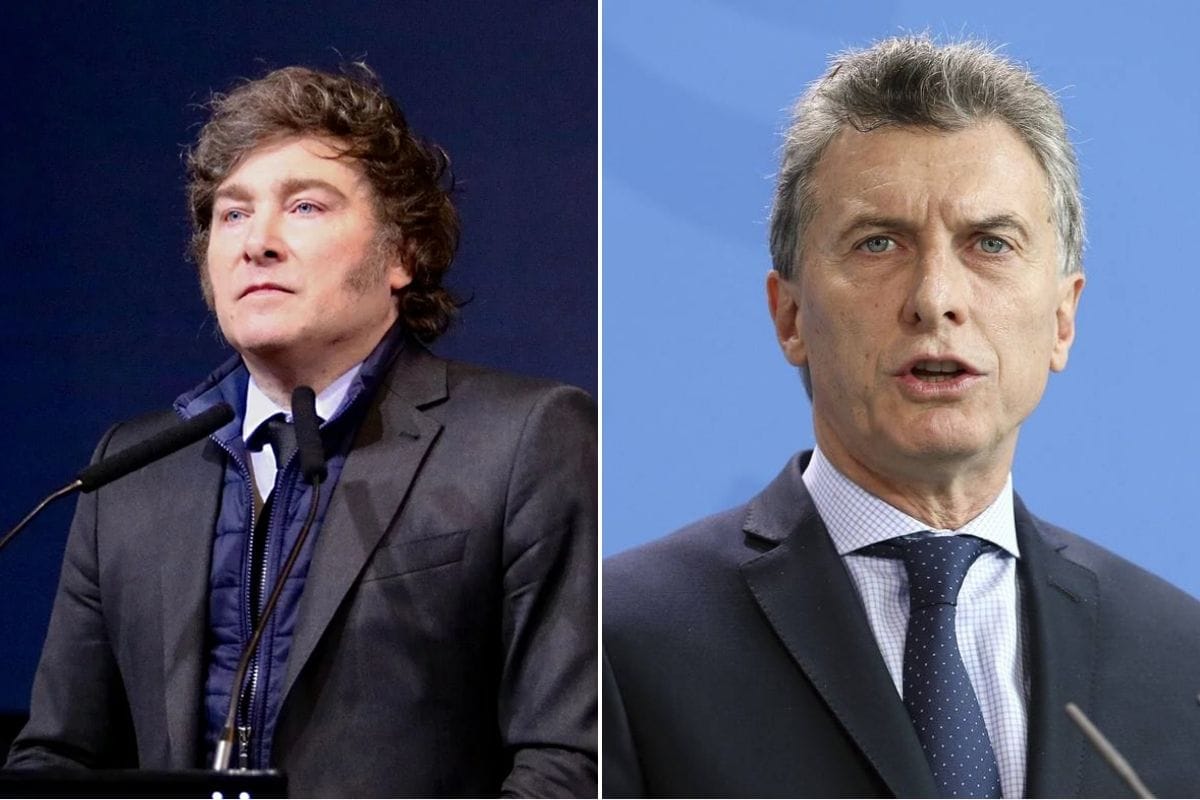 Imagen del presidente Javier Milei del lado izquierdo y el ex presidente Mauricio Macri a la derecha.