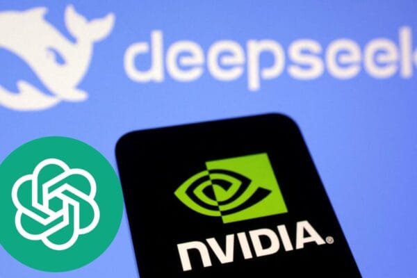 Imagen que muestra los logos de la nueva IA DeepSeek arriba y en la parte inferior el logo de NVIDIA y el de ChatGPT
