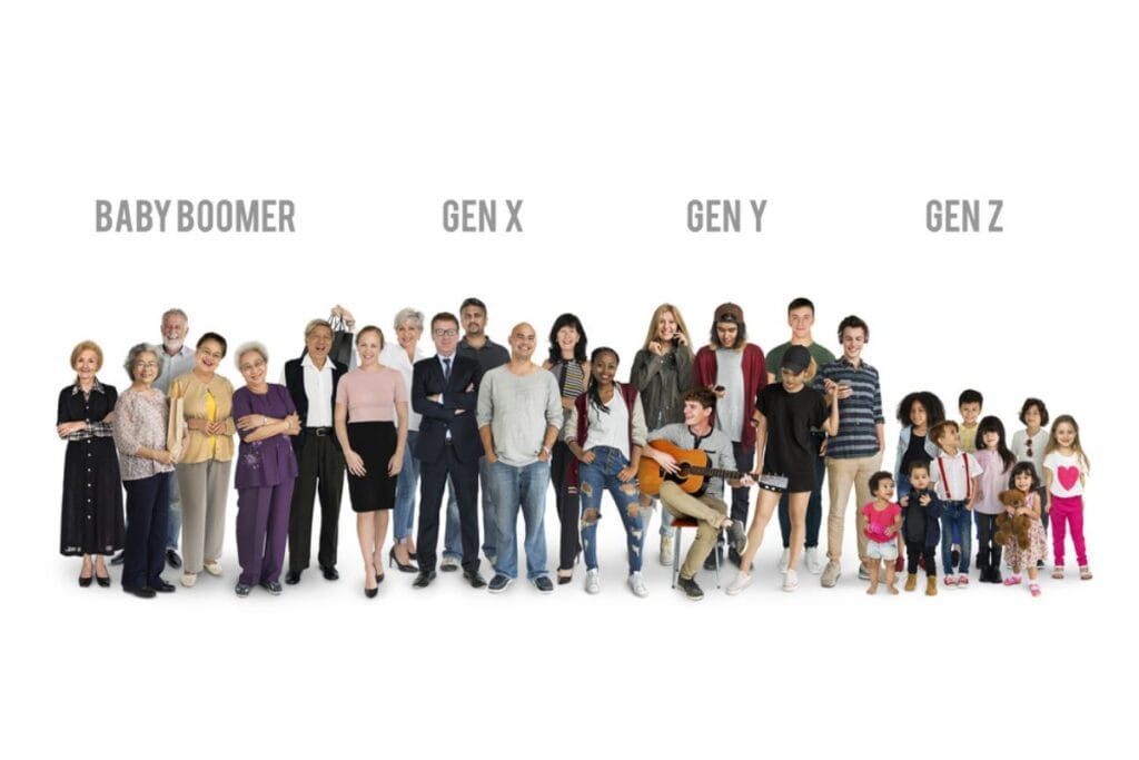 Un grupo de gente de diferentes generaciones: Baby Boomer, Gen X, Gen Y 