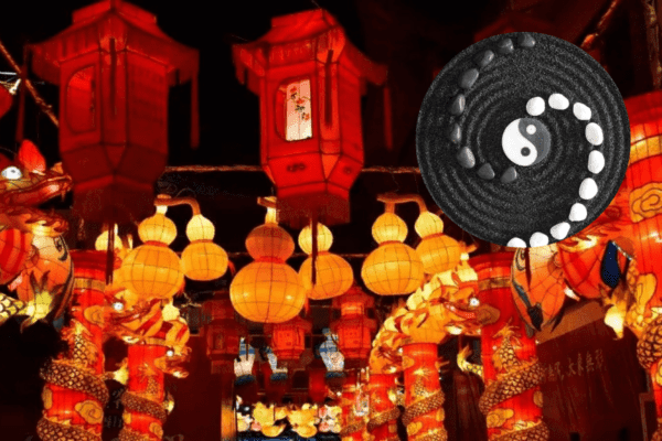 imagen de festival de linternas chino junto con el símbolo del yin yang