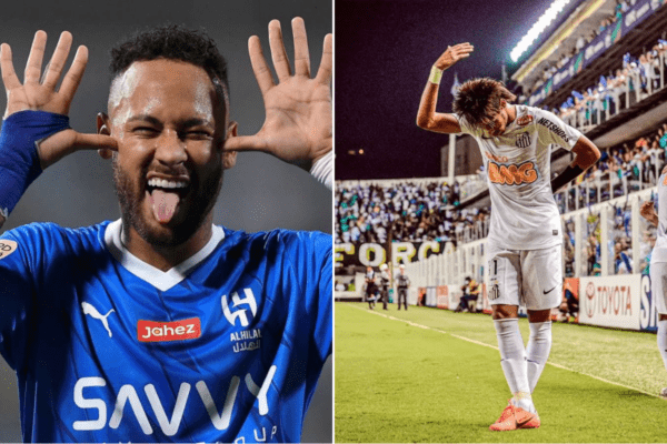 Del lado Izquierdo de la imagen Neymar con la camiseta del Al Hilal equipo que deja libre y del lado derecho Neymar con la camiseta del Santos de Brasil equipo al que se suma