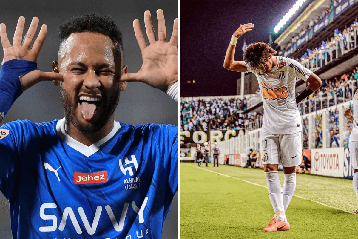 Del lado Izquierdo de la imagen Neymar con la camiseta del Al Hilal equipo que deja libre y del lado derecho Neymar con la camiseta del Santos de Brasil equipo al que se suma