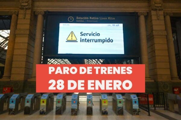Una imagen de una estación de trenes vacia con el mensaje "Servicio interrumpido". Debajo puede verse un cartel que dice "paro de trenes, 28 de enero".