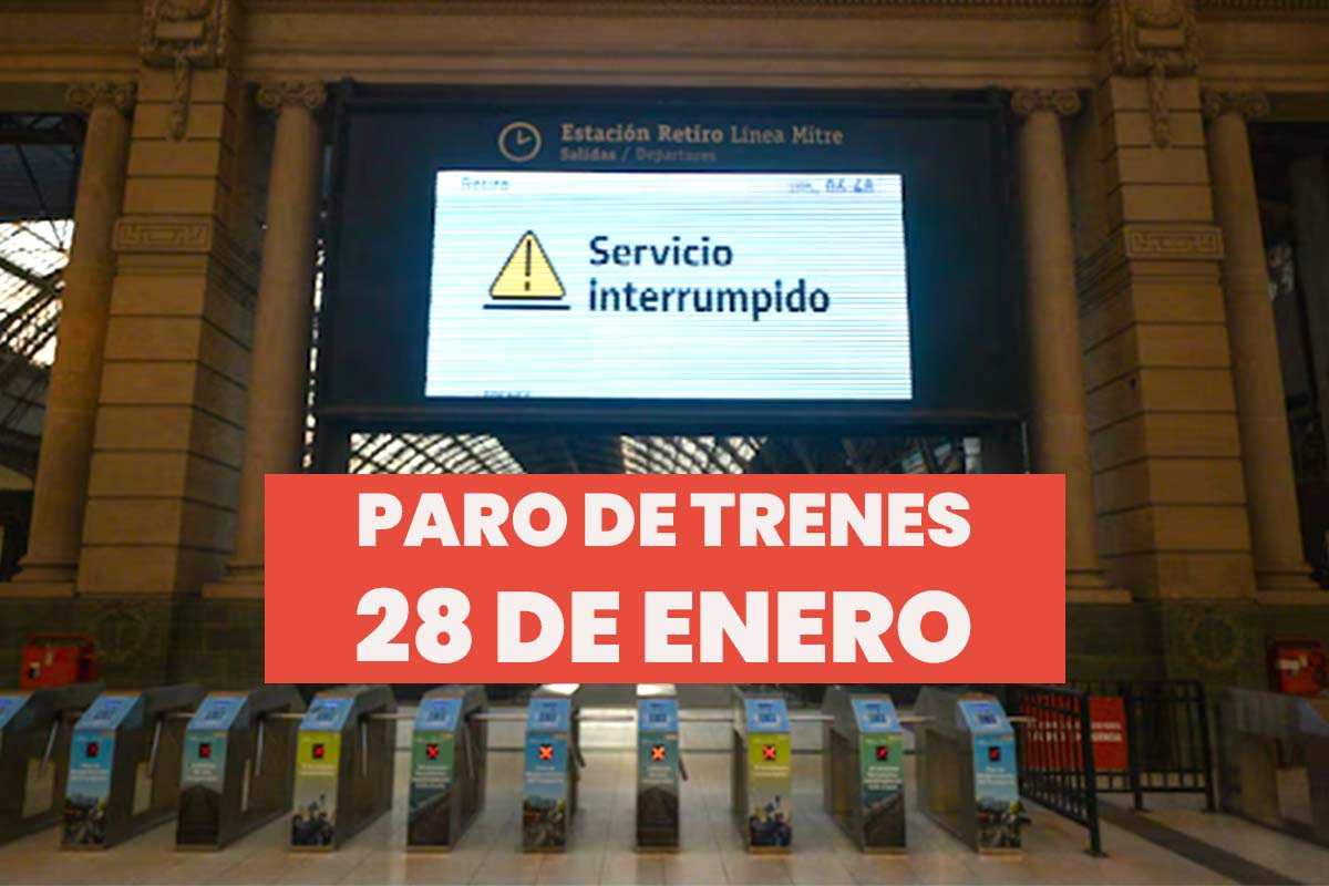 Una imagen de una estación de trenes vacia con el mensaje "Servicio interrumpido". Debajo puede verse un cartel que dice "paro de trenes, 28 de enero".
