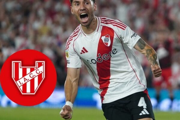 Imagen en la que muestra el festejo de GOL de Gonzalo Montiel jugador de River Plate y del lado inferior Izquierdo el escudo de Instituto