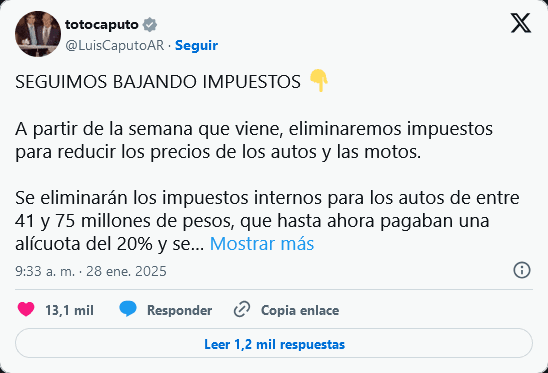 Imagen con un post de el ministro de economía Argentino Luis Caputo donde hace referencia a la quita de impuestos a los autos 0KM