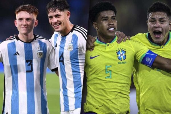Collage selección sub 20 argentina de un lado y del otro sub 20 brasil