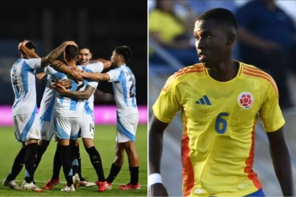 Imagen con la seleccion Argentina Sub 20 de un lado y un jugador de la Seleccion Colombiana Sub 20 del otro.