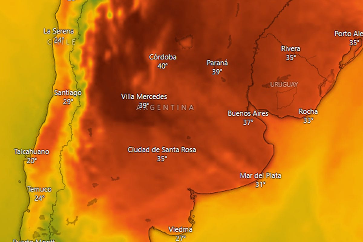Mapa de calor de la Argentina para el día Lunes 10 de Febrero.