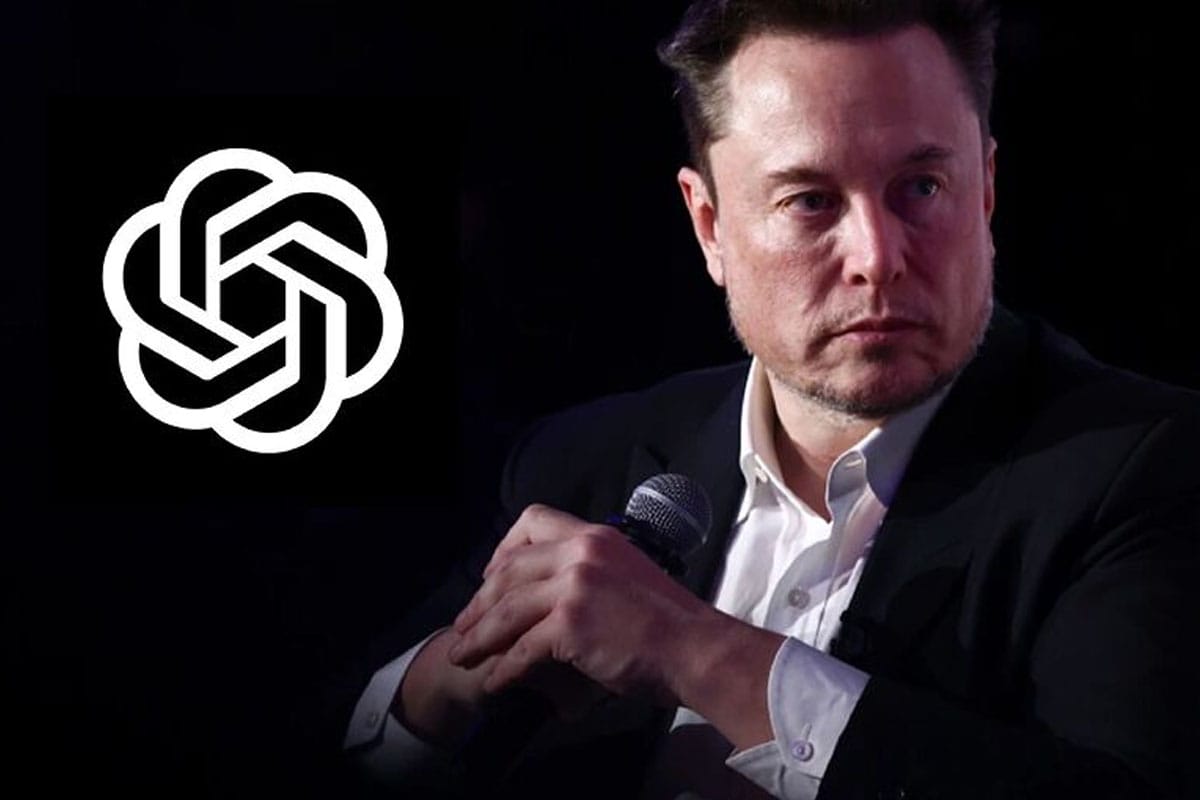 El logo de OpenAI al lado de Elon Musk