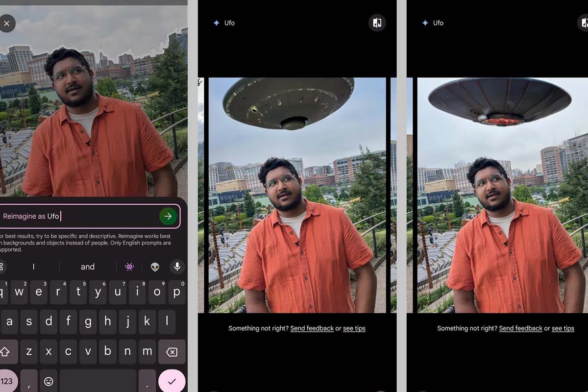 Interfaz de Google Photos, mostrando la función "Reimagine", donde se agrega un plato volador a la imagen con IA.