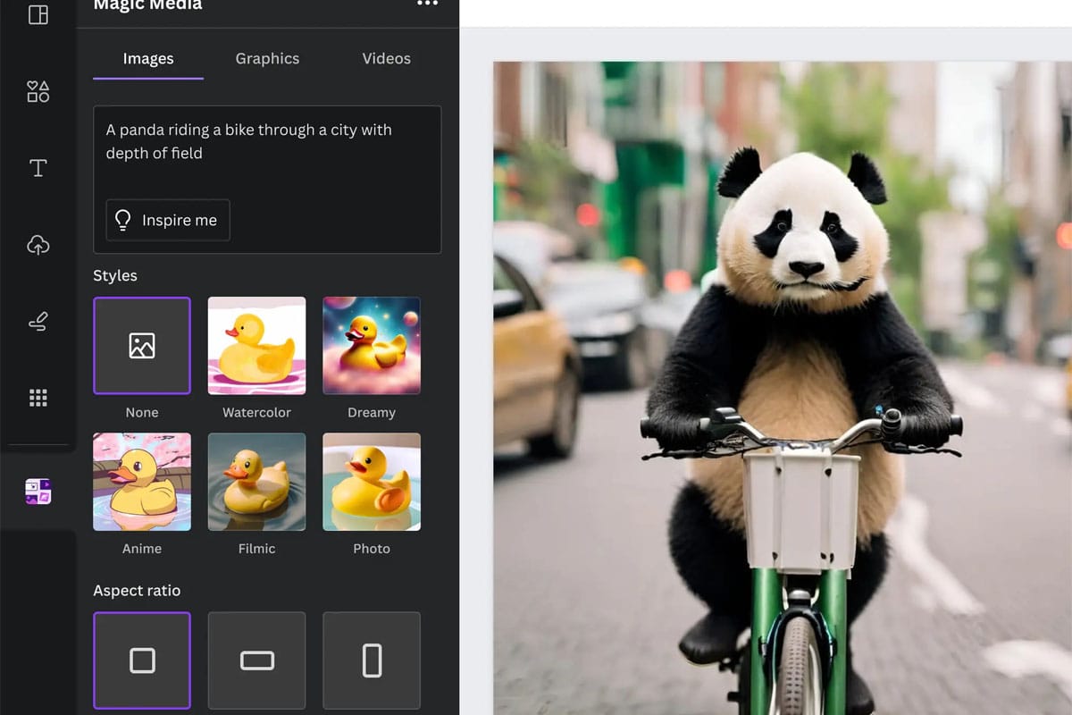 Imagen de un creador de imágenes con IA, donde se ve un panda montando una bicicleta.