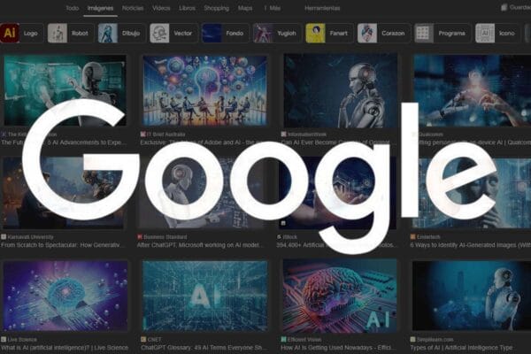 Logo de Google superpuesto con la interfaz de google imágenes, mostrando imágenes generadas con inteligencia artificial.
