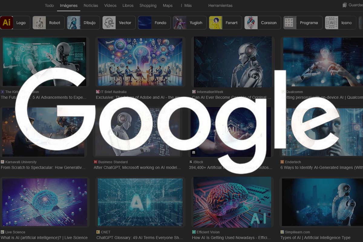Logo de Google superpuesto con la interfaz de google imágenes, mostrando imágenes generadas con inteligencia artificial.