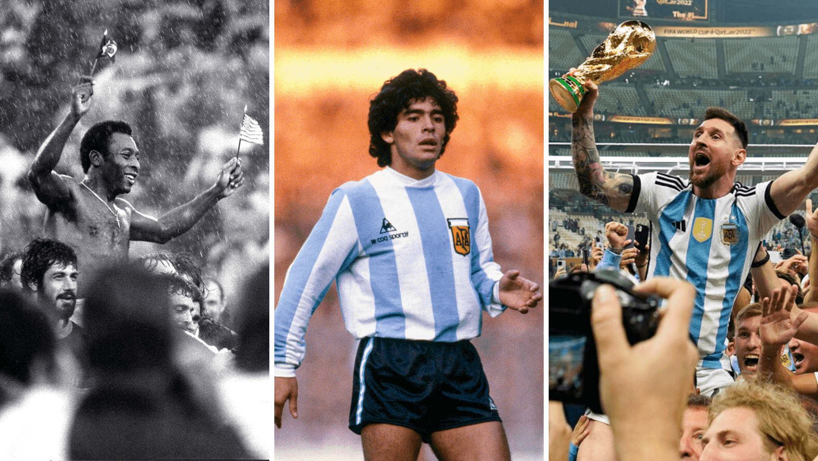 Imagen dividida en 3 partes a la Izquierda el jugador brasilero Pelé en el centro el 10 argentino Maradona y a la derecha Messi en su triunfo del mundial de Fútbol con Argentina