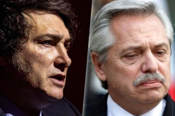 Imagen compuesta por una foto de Javier Milei con expresión seria y otra de Alberto Férnandez preocupado.
