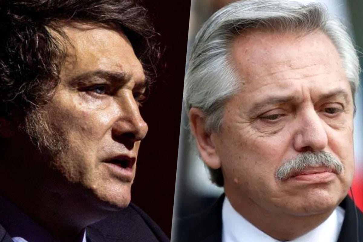 Imagen compuesta por una foto de Javier Milei con expresión seria y otra de Alberto Férnandez preocupado.