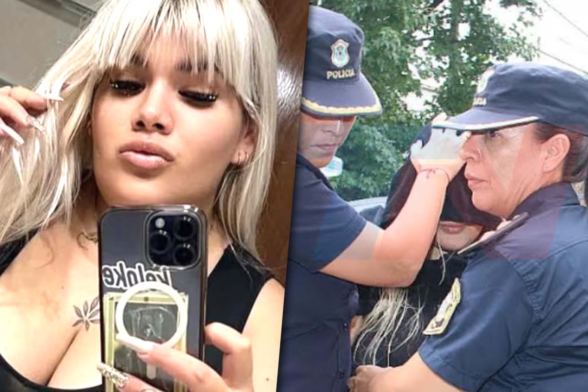 Una foto de morena rial sacandose una selfie y otra llegando encapuchada a la fiscalía acompañada por dos mujeres policías.