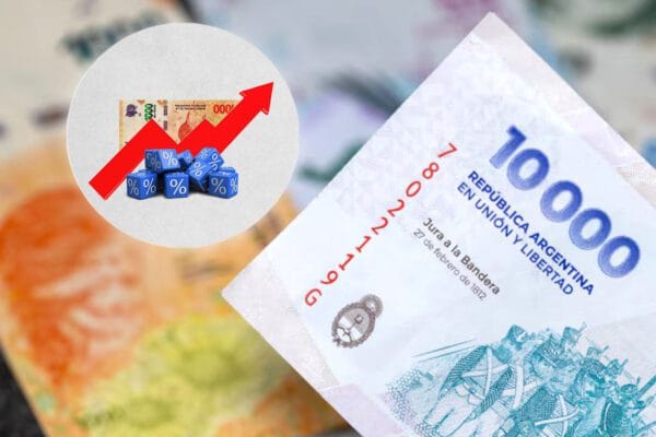 Una imagen con billetes de pesos argentinos, con un recuadro de un flecha escalando, dados con símbolos de "%" y un billete de mil pesos argentinos, representando las inversiones en plazos fijos en febrero 2025.