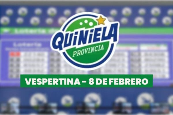 Imagen con el logo de la Quiniela de la Provincia con un texto que dice "Vespertina - 8 de febrero" con un fondo difuminado con los resultados.