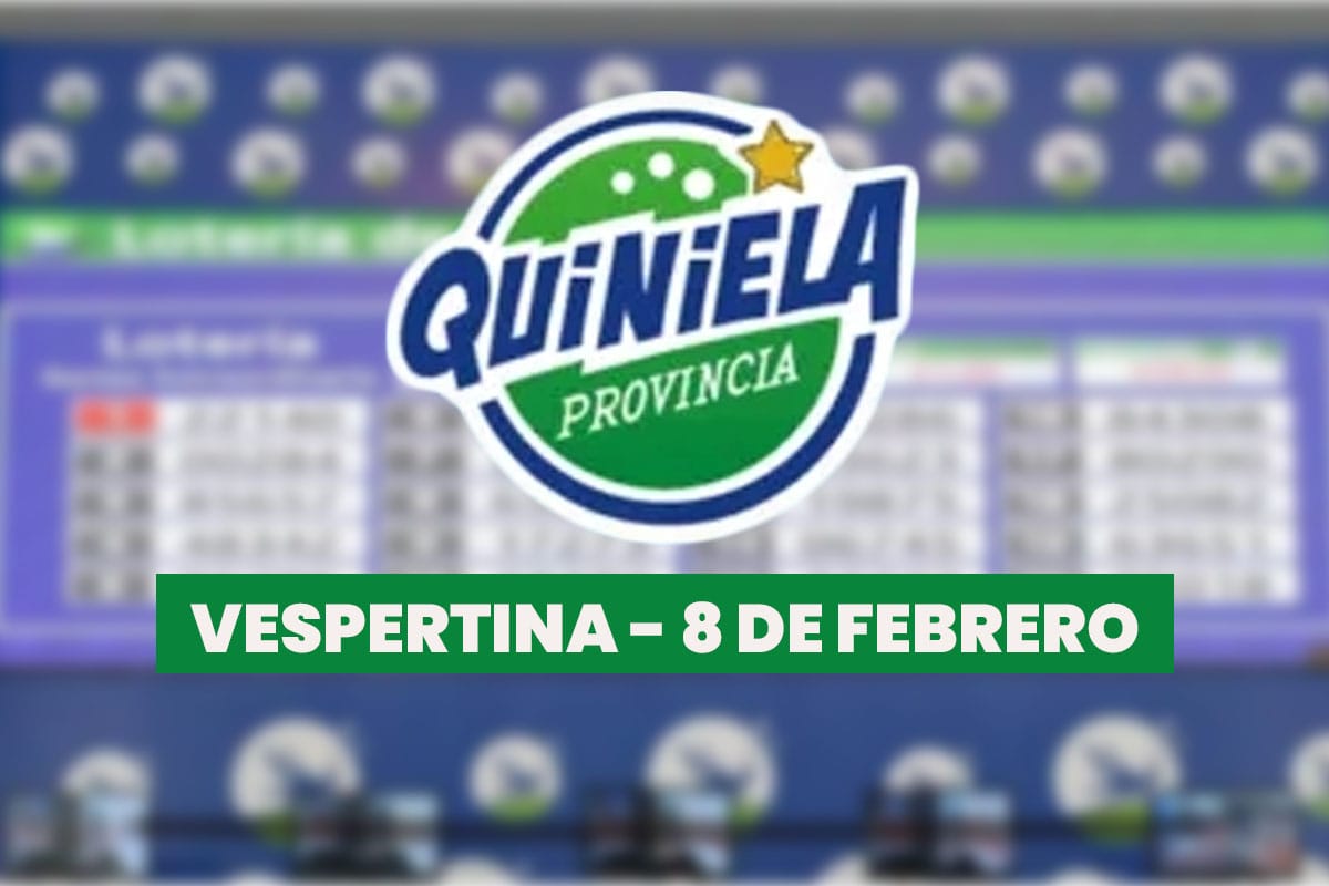 Imagen con el logo de la Quiniela de la Provincia con un texto que dice "Vespertina - 8 de febrero" con un fondo difuminado con los resultados.