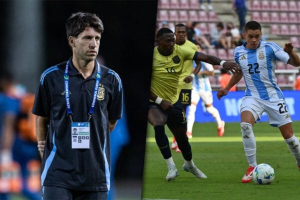 Una imagen compuesta por el DT de la selección Argentina sub 20 de fútbol y por otro lado, un jugador de la selección de Ecuador y uno de la selección Argentina.