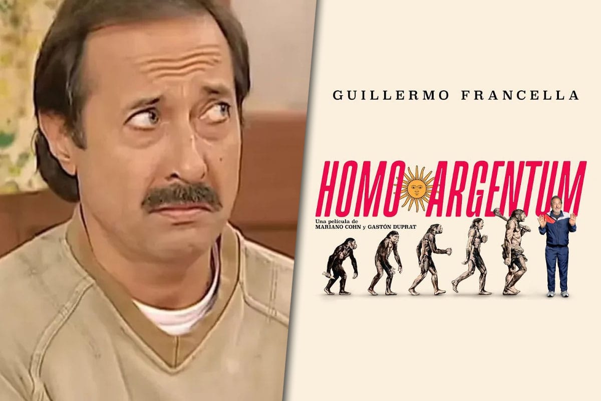 Collage de una foto de Guillermo Francella al lado del logo de la película "Homo Argentum".