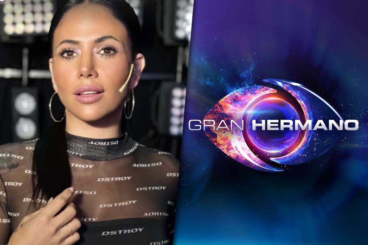 Romina Uhrig en un vestido de fiesta junto al logo de "Gran Hermano".