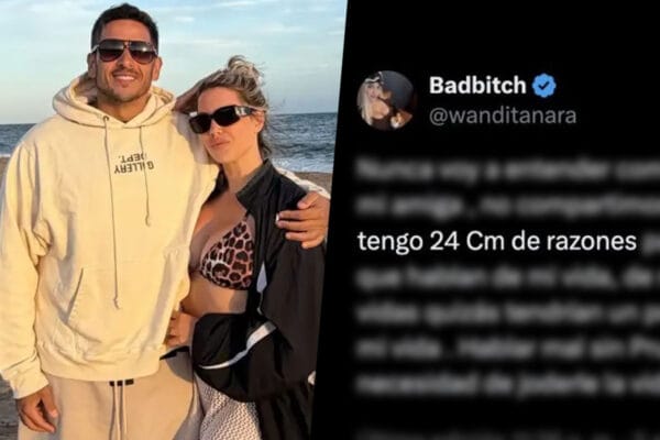 Collage de imágenes con una foto de Wanda Nara junto a su novio, Martín Migueles por un lado y por el otro una captura de X con el mensaje de Wanda Nara acerca de los "24 centimetros de razones..."