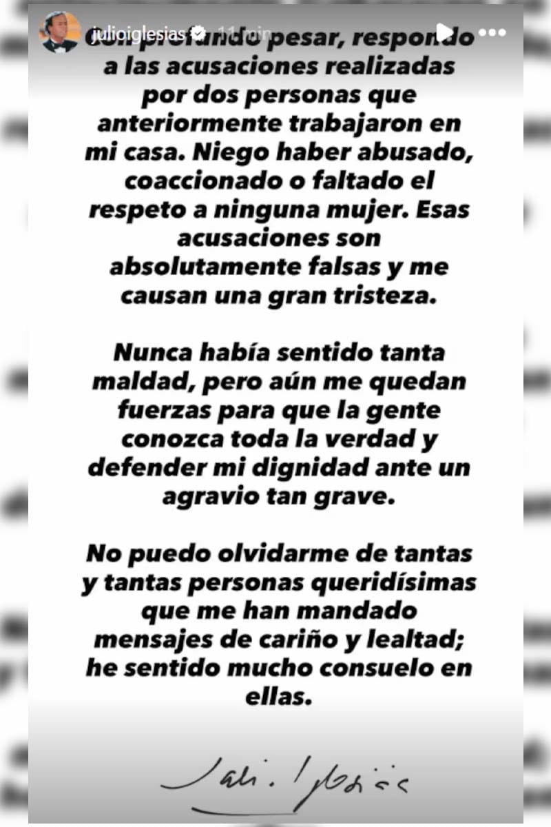 El descargo de Julio Iglesias tras las denuncias de abuso.