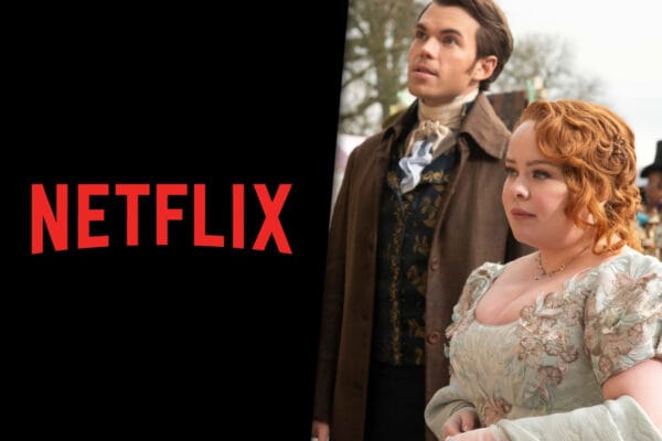 Collage de imágenes con el logo de Netflix y por el otro una captura de pantalla de la serie "Bridgeton".