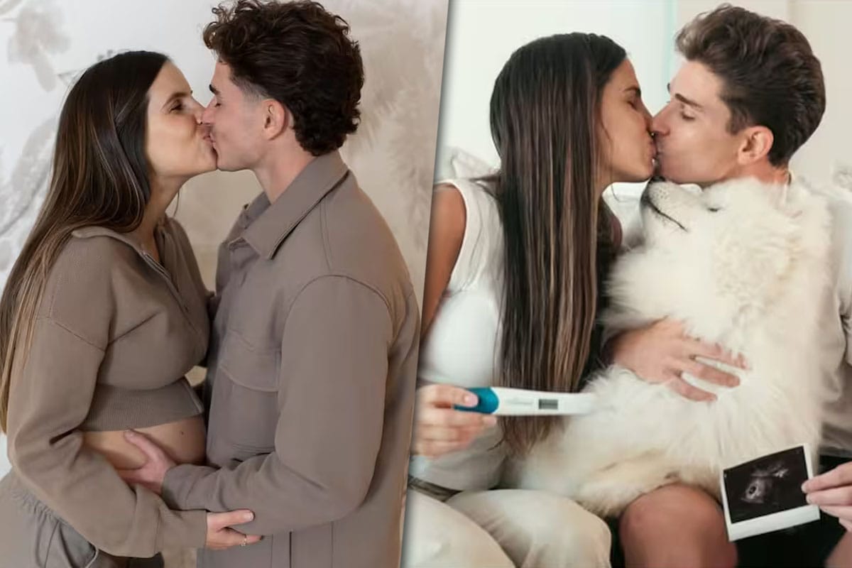 Collage de fotos de Julián Álvarez junto a su esposa, Emilia Ferrero.