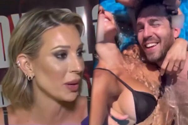 Collage de fotos con Noelia Marzol por un lado y por el otro una captura del polémico video que subio a sus redes en la pileta junto a su marido.