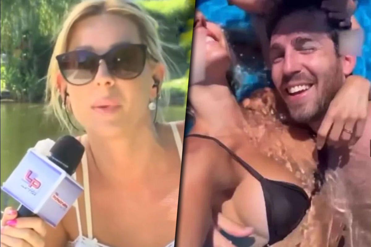 Collage de imágenes con una foto de Noelia Marzol por un lado y por el otro una captura del polémico video de la pileta junto a su marido y su hija.