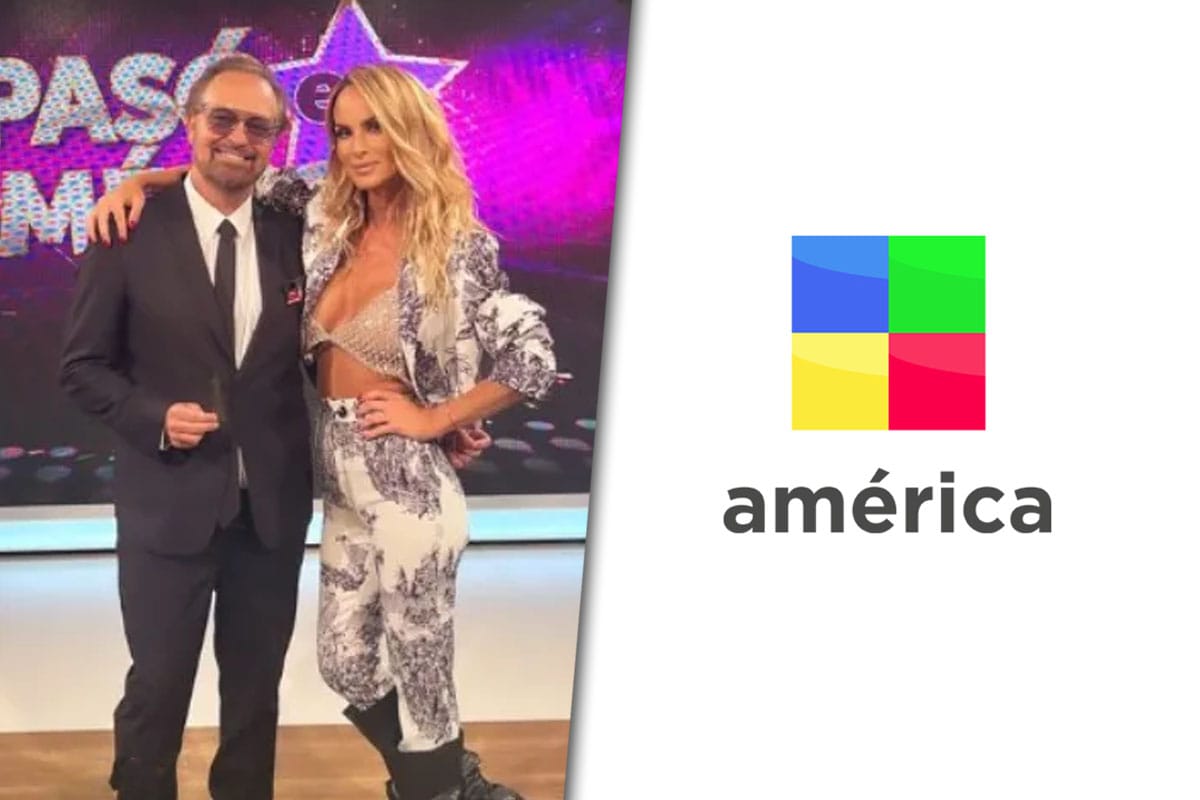 Collage de imágenes con Tartu y Sabrina Rojas en el estudio de "Pasó en América" por un lado y el logo de América TV por el otro.