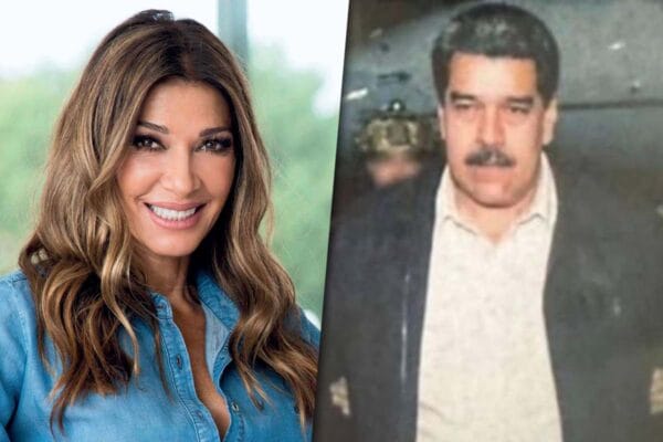 Collage de fotos con Catherine Fulop sonriendo por un lado y la foto de la captura de Nicolás Maduro por el otro.