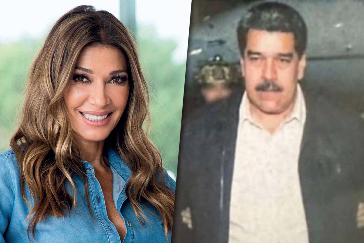 Collage de fotos con Catherine Fulop sonriendo por un lado y la foto de la captura de Nicolás Maduro por el otro.
