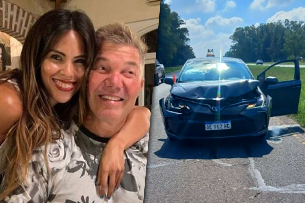 Collage de fotos con Barby Franco y Fernando Burlando por un lado y por el otro, uno de los autos destrozados en el accidente en Ruta 3.