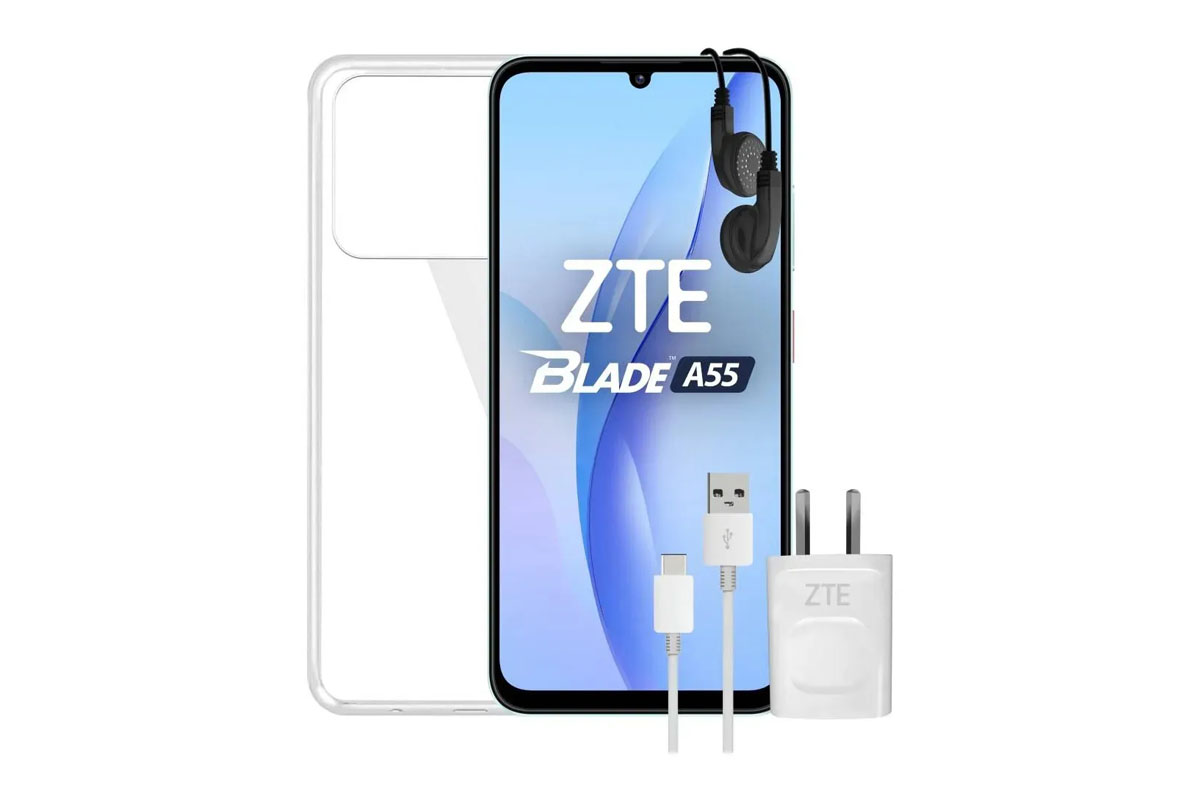 Fotoproducto del Celular Zte Blade A55 con accesorios.