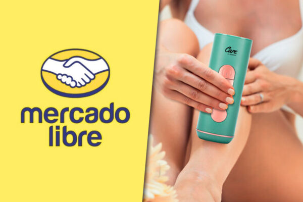 Collage de imágenes con el logo de mercado libre por un lado y por el otro una mujer usando la depiladora definitiva Care By Gadnic Flyz.