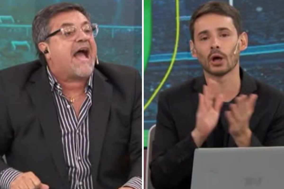 Collage de imágenes con Caruso Lombardi gritando por un lado y Pablo Brunetto por el otro.