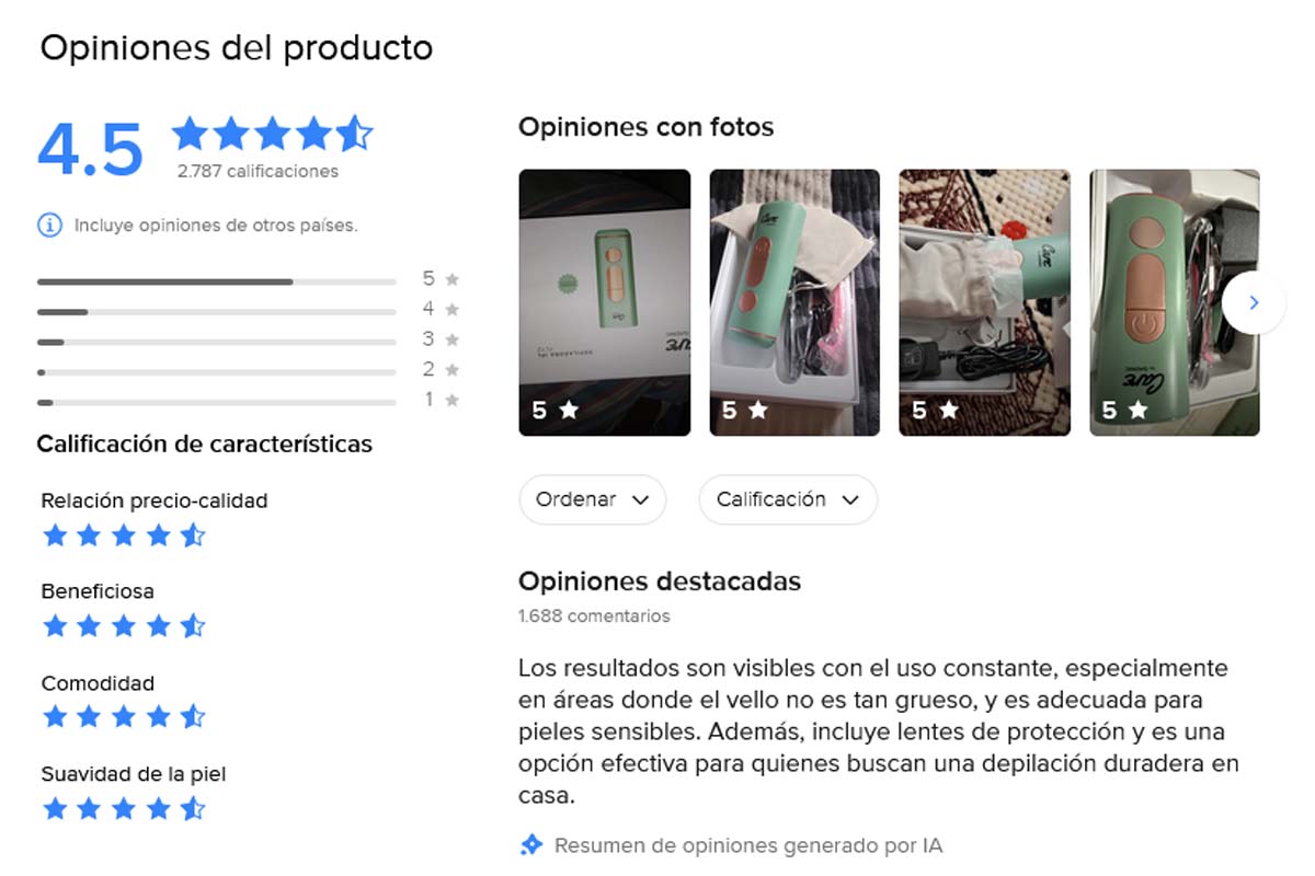Captura de pantalla de Mercado Libre sobre las opiniones de la depiladora Gadnic Care Flyz.