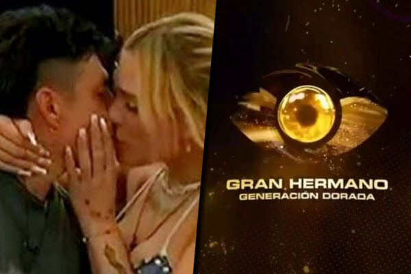 Collage de imágenes con Brian Sarmiento y Danelyk besandose por un lado y el logo de Gran Hermano Generación Dorada por el otro.