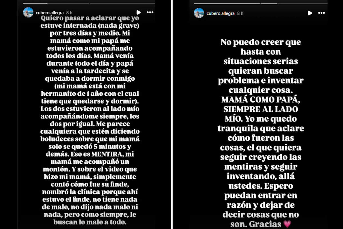 Los mensajes de Allegra Cubero tras su internación.